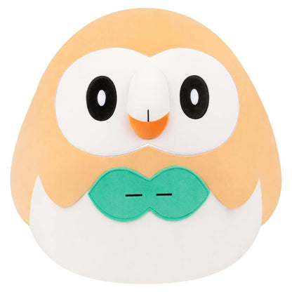 The 20-inch Squishmallow plush of the Pokémon Rowlet features soft orange and white colors, large embroidered eyes, and a prominent green leaf bow detail