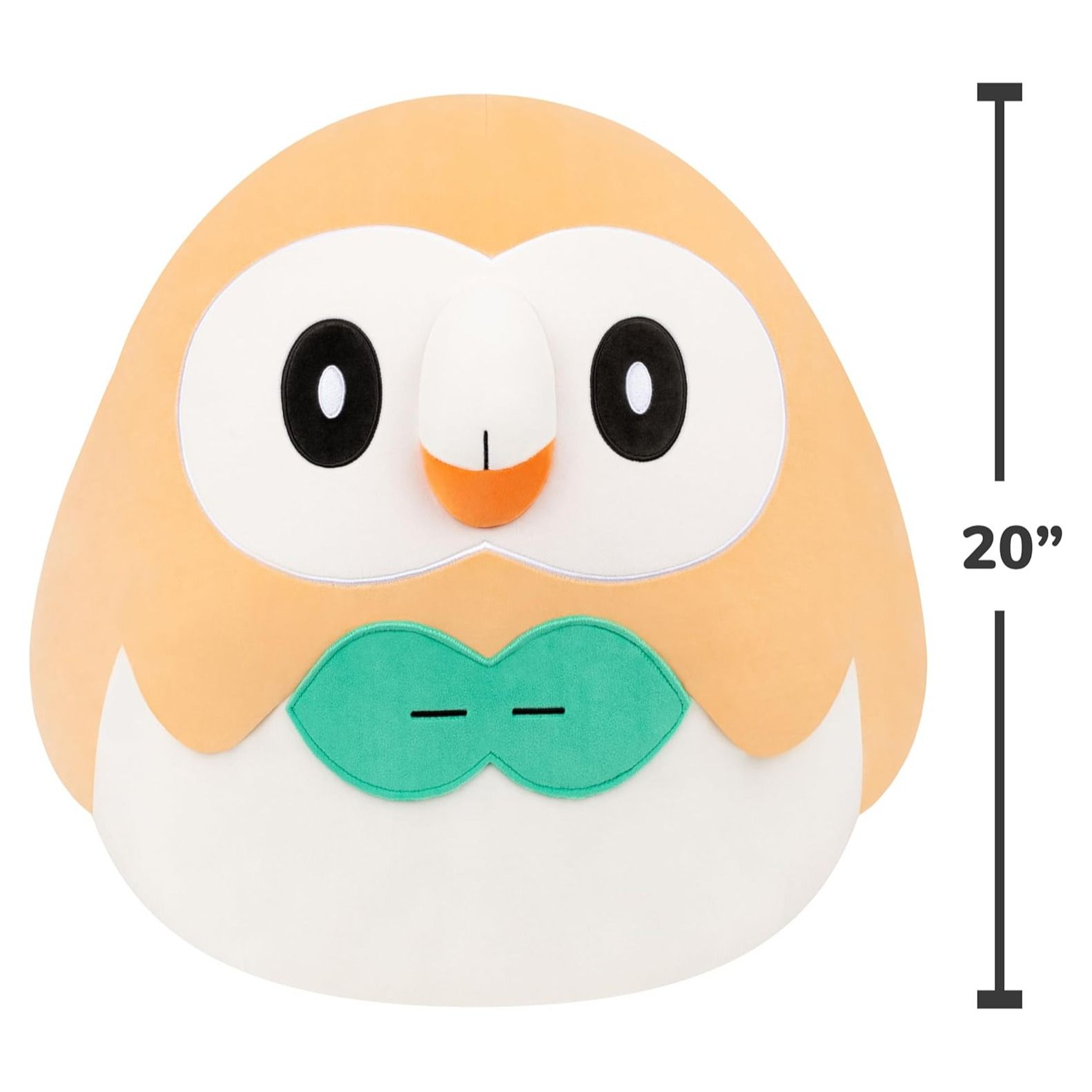 Giant 20-inch Squishmallow Rowlet plush depicting the round orange and white Pokémon character with green chest markings
