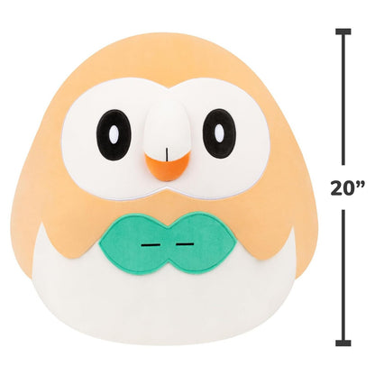 Giant 20-inch Squishmallow Rowlet plush depicting the round orange and white Pokémon character with green chest markings