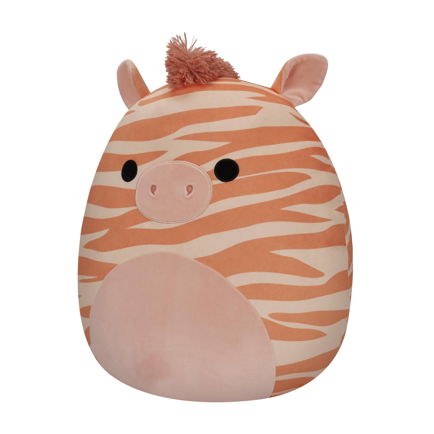 Orange and cream striped zebra Squishmallow plush with a fuzzy pink mane on a white background