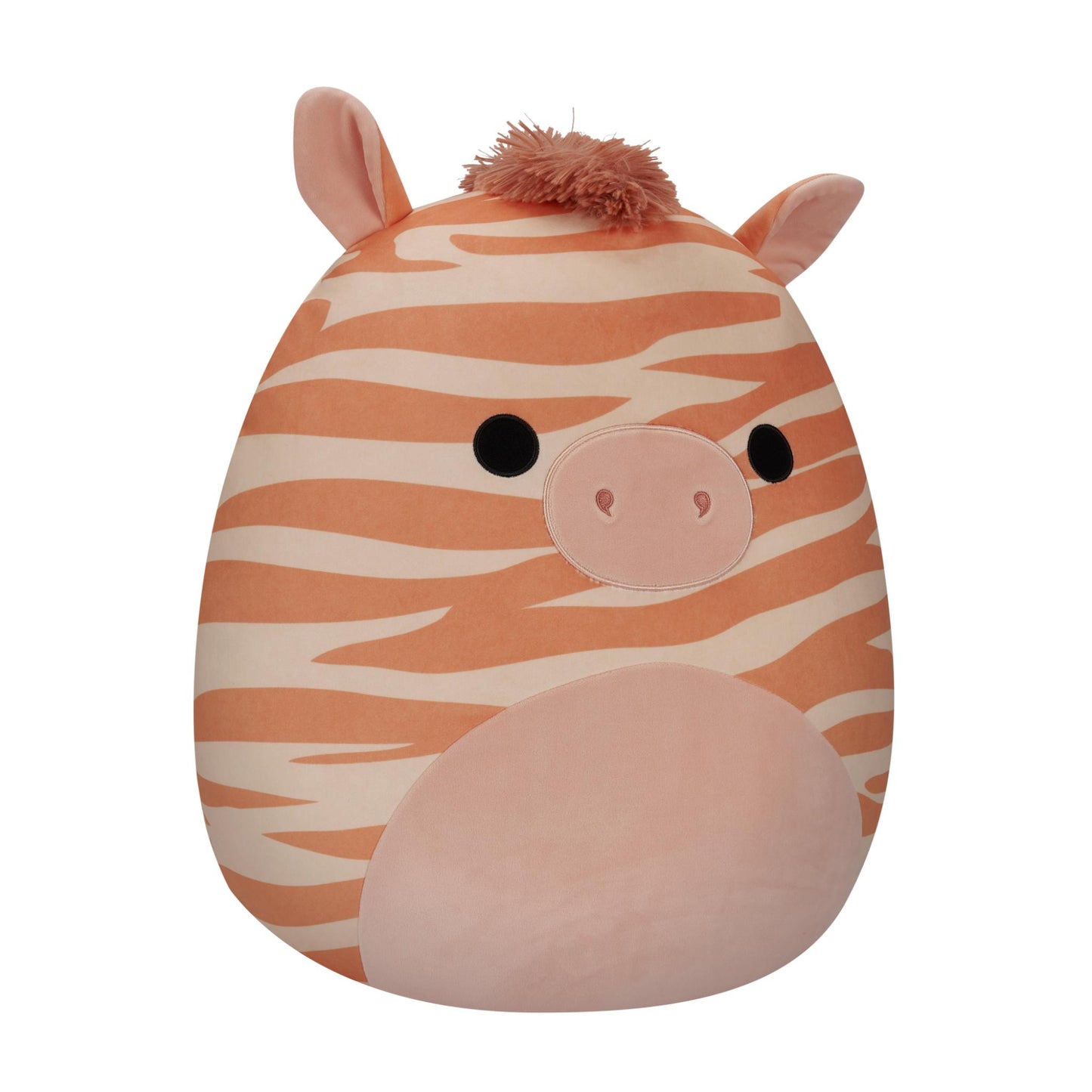 Orange and cream striped zebra-style Squishmallow plush toy with a pink snout and fuzzy mane