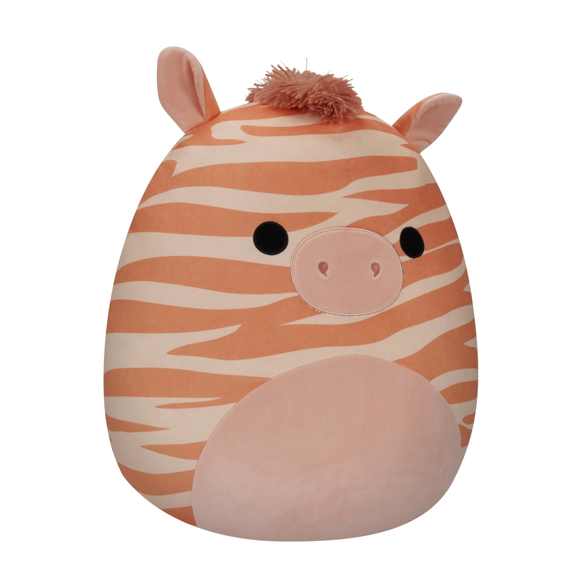 Orange and cream striped zebra-style Squishmallow plush toy with a pink snout and fuzzy mane