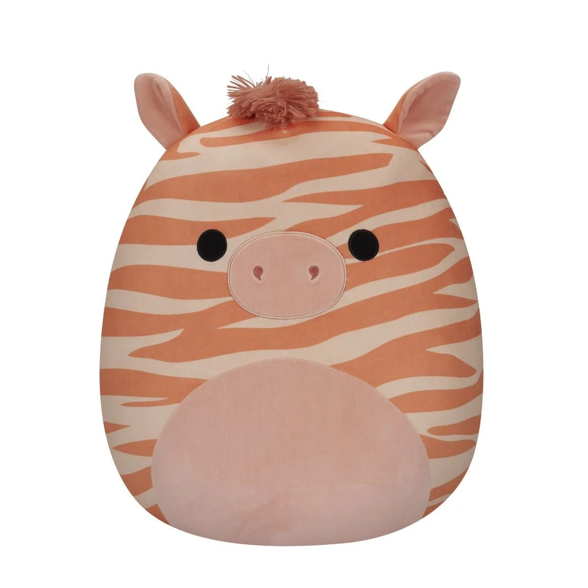 Round Squishmallow plush toy featuring peach and cream zebra stripes, black eyes, and a pink snout