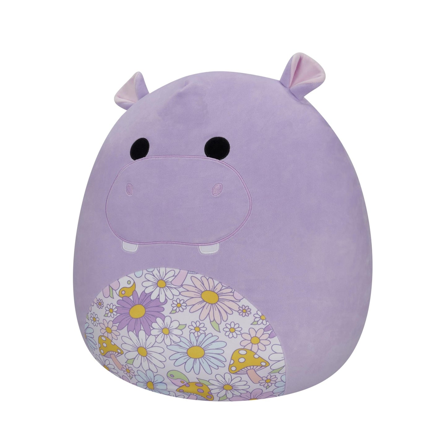 Purple hippo plush toy with a belly decorated in daisy and mushroom patterns