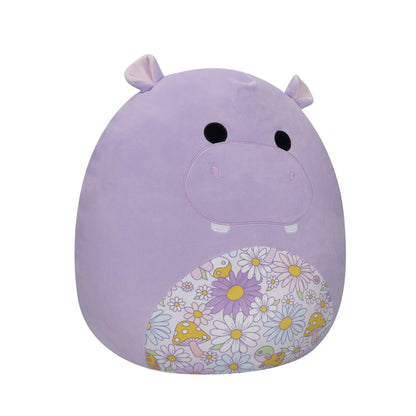 Purple hippo plush toy with a belly featuring a colorful pattern of daisies and spotted mushrooms