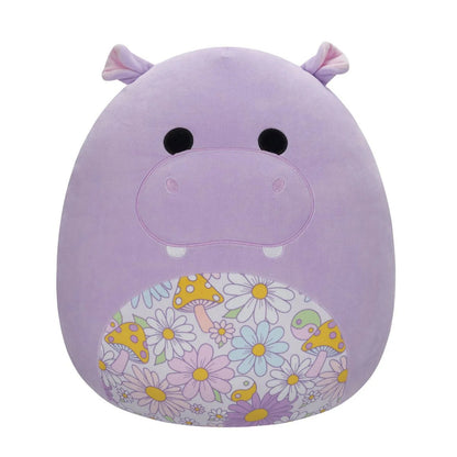 Lavender Squishmallow hippo plush toy featuring a belly patch with a colorful daisy and mushroom pattern