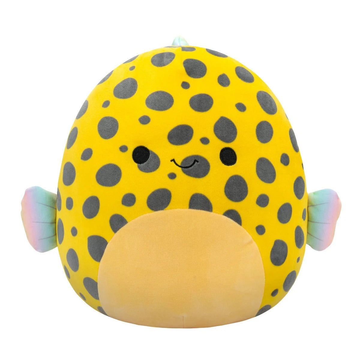 Yellow plush pufferfish toy covered in gray spots, with an orange belly and small rainbow fins