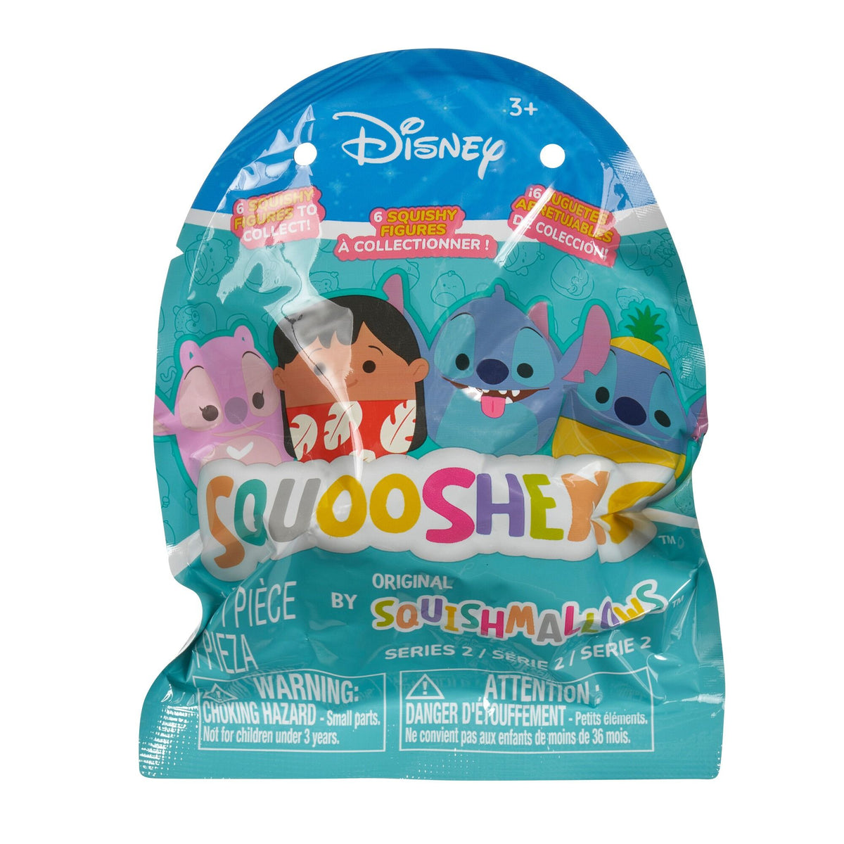 A Squooshems Disney blind bag featuring Lilo, Stitch, and other characters, displaying the colorful Squooshems title on a blue background