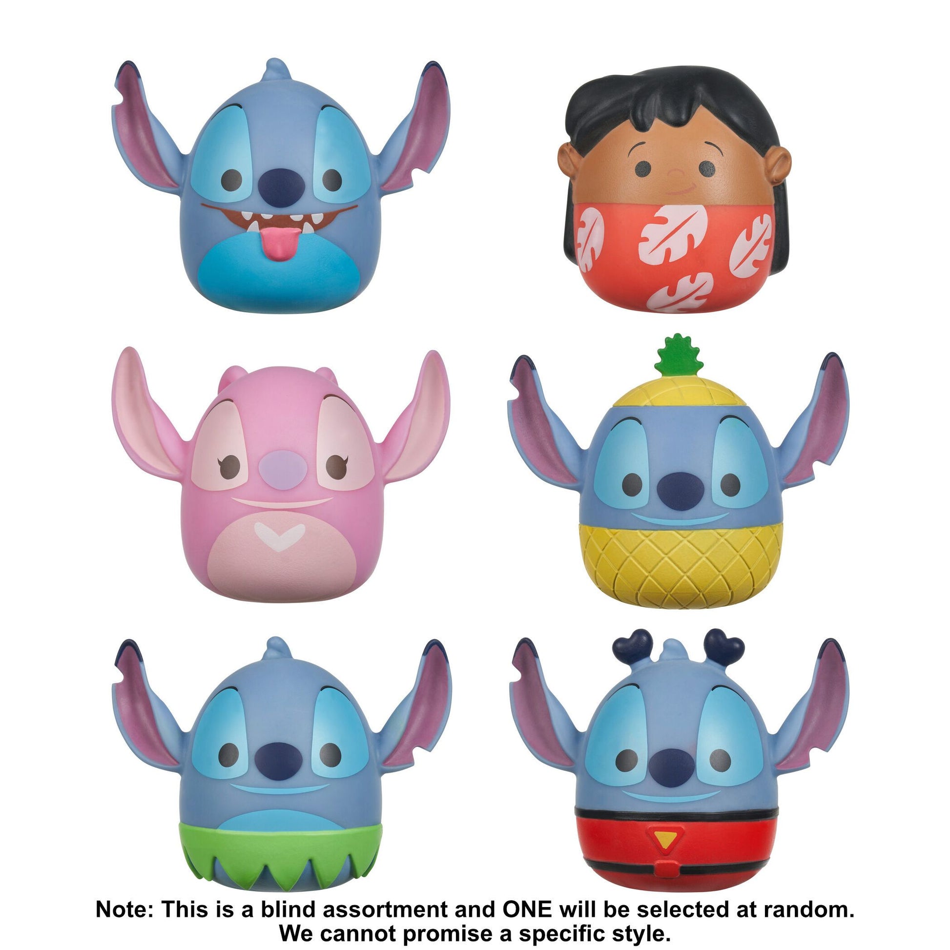 Six Squooshems Disney Lilo & Stitch figures are displayed, including Stitch with tongue out, Lilo, Angel, Stitch in a pineapple, Stitch in a grass skirt, and Stitch in a suit