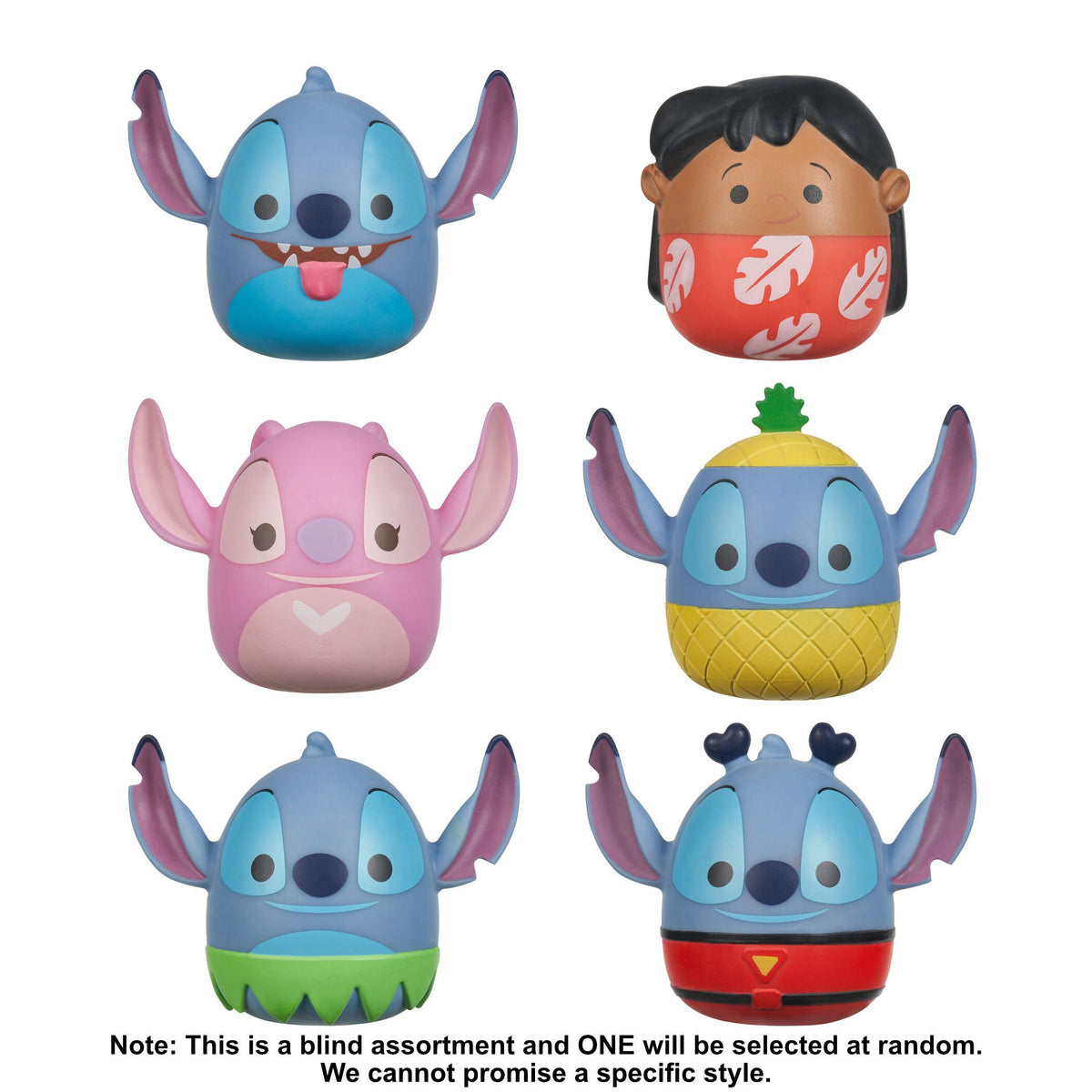 Six Squooshems Disney Lilo &amp; Stitch figures are displayed, including Stitch with tongue out, Lilo, Angel, Stitch in a pineapple, Stitch in a grass skirt, and Stitch in a suit