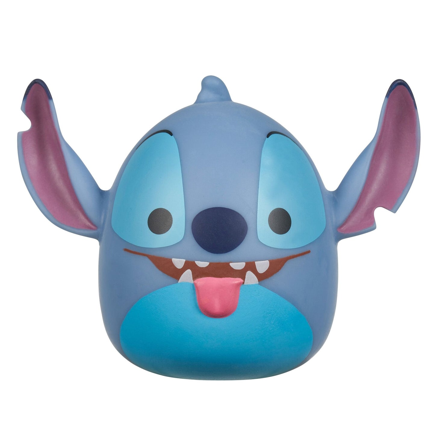 A blue Squooshems Disney Lilo & Stitch toy with large ears, a small head fin, big eyes, a wide smile, and a pink tongue sticking out
