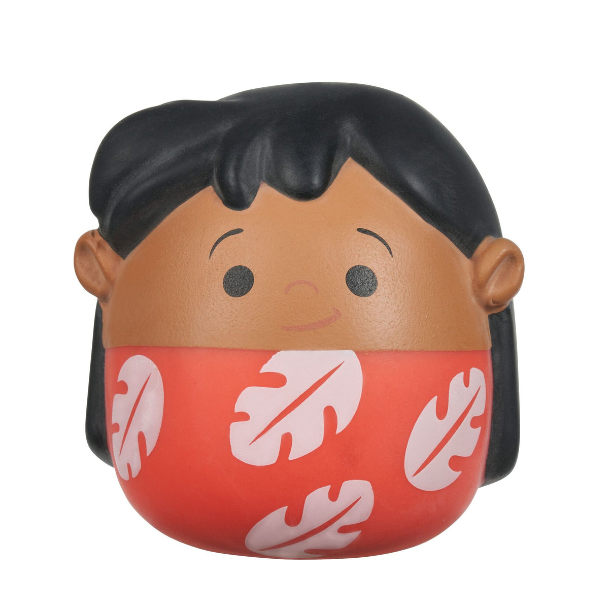 A round Lilo squooshem featuring black hair, brown skin, dot eyes, and a red dress with white leaf print