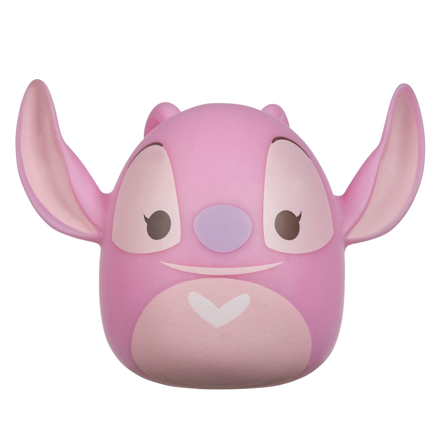 A pink Squooshems Disney Lilo & Stitch Angel toy with large ears, a lavender nose, and a white heart on its chest
