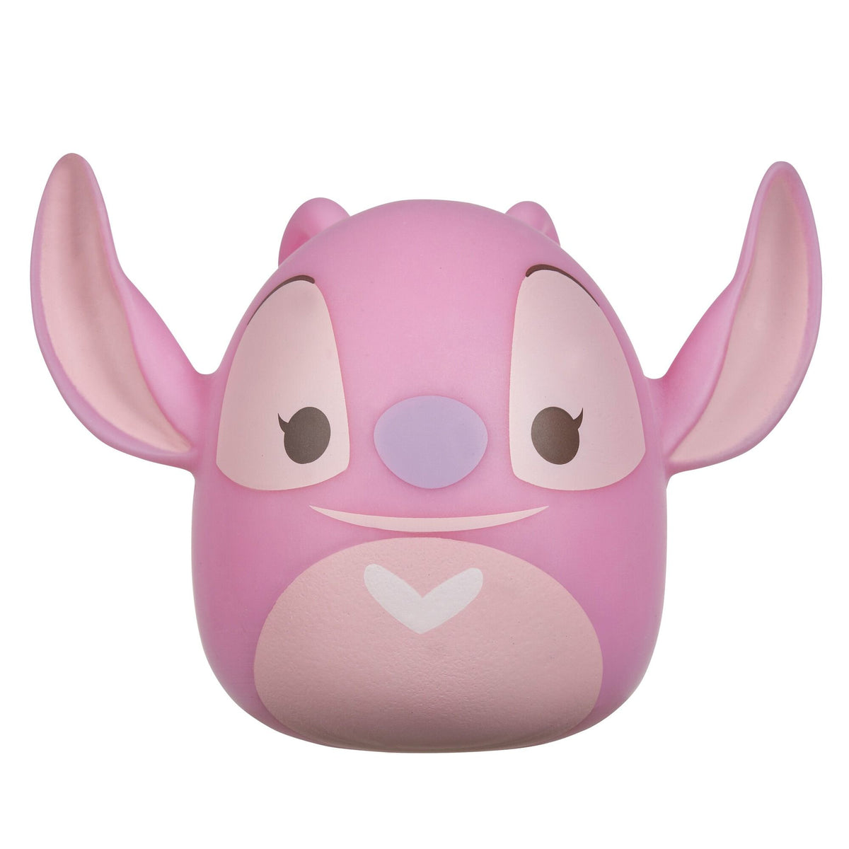 A pink Squooshems Disney Lilo &amp; Stitch Angel toy with large ears, a lavender nose, and a white heart on its chest