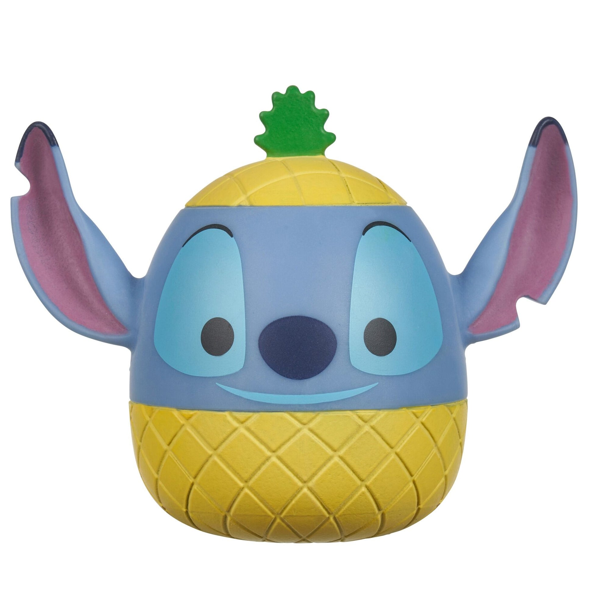 A blue egg-shaped Squooshems Stitch toy with large ears, a yellow pineapple-textured body, and a green leaf top