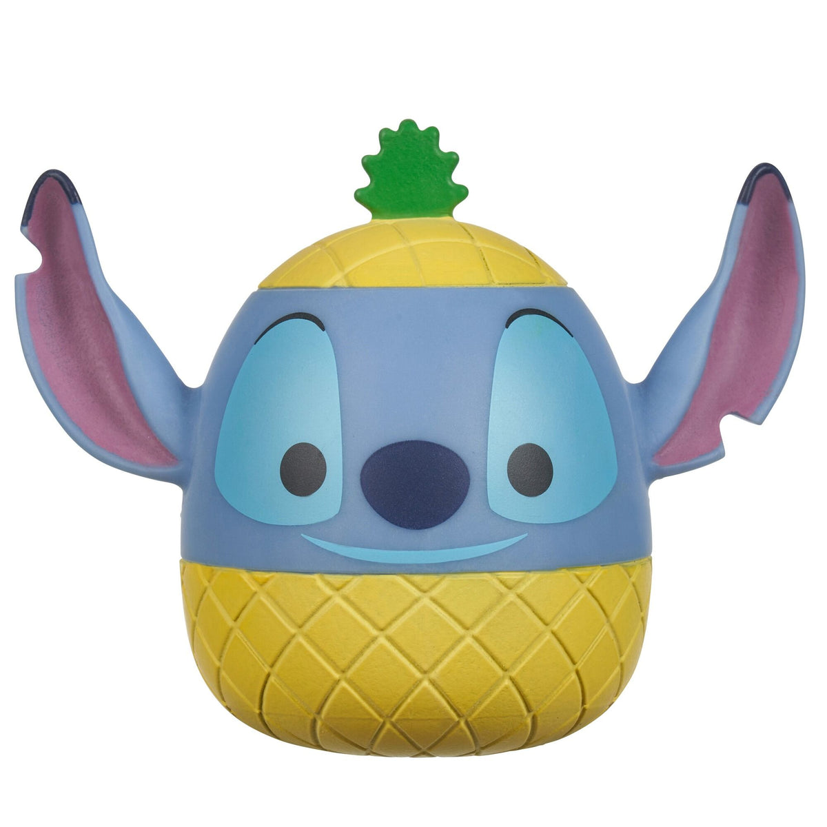 A blue egg-shaped Squooshems Stitch toy with large ears, a yellow pineapple-textured body, and a green leaf top