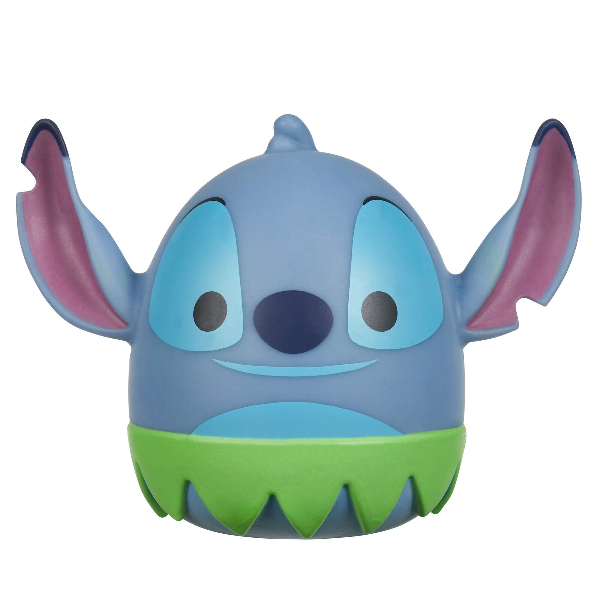 A Squooshems Disney Lilo & Stitch character, round and blue with large ears, blue eyes, a dark blue nose, a wide smile, and a green serrated skirt base