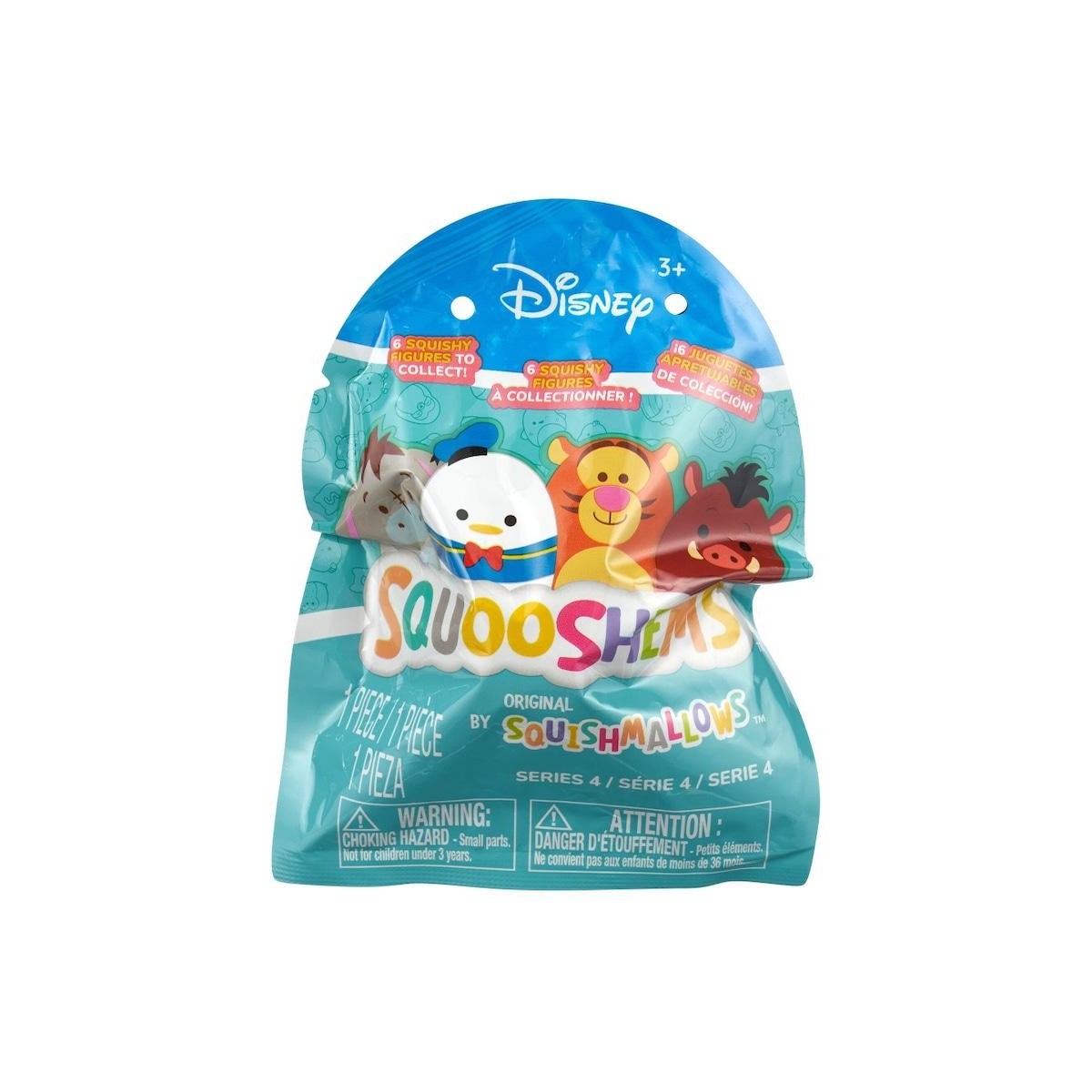 A Squooshems Disney blind bag showing Eeyore, Donald Duck, Tigger, and Pumbaa characters from Series 4