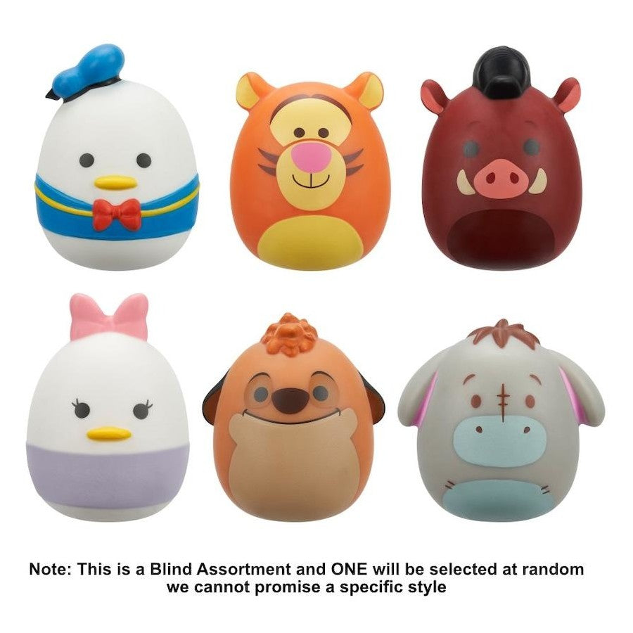 Six Squooshems figures including Donald Duck, Tigger, Pumbaa, Daisy Duck, Timon, and Eeyore arranged in two rows on a white background