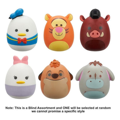 Six Squooshems figures including Donald Duck, Tigger, Pumbaa, Daisy Duck, Timon, and Eeyore arranged in two rows on a white background