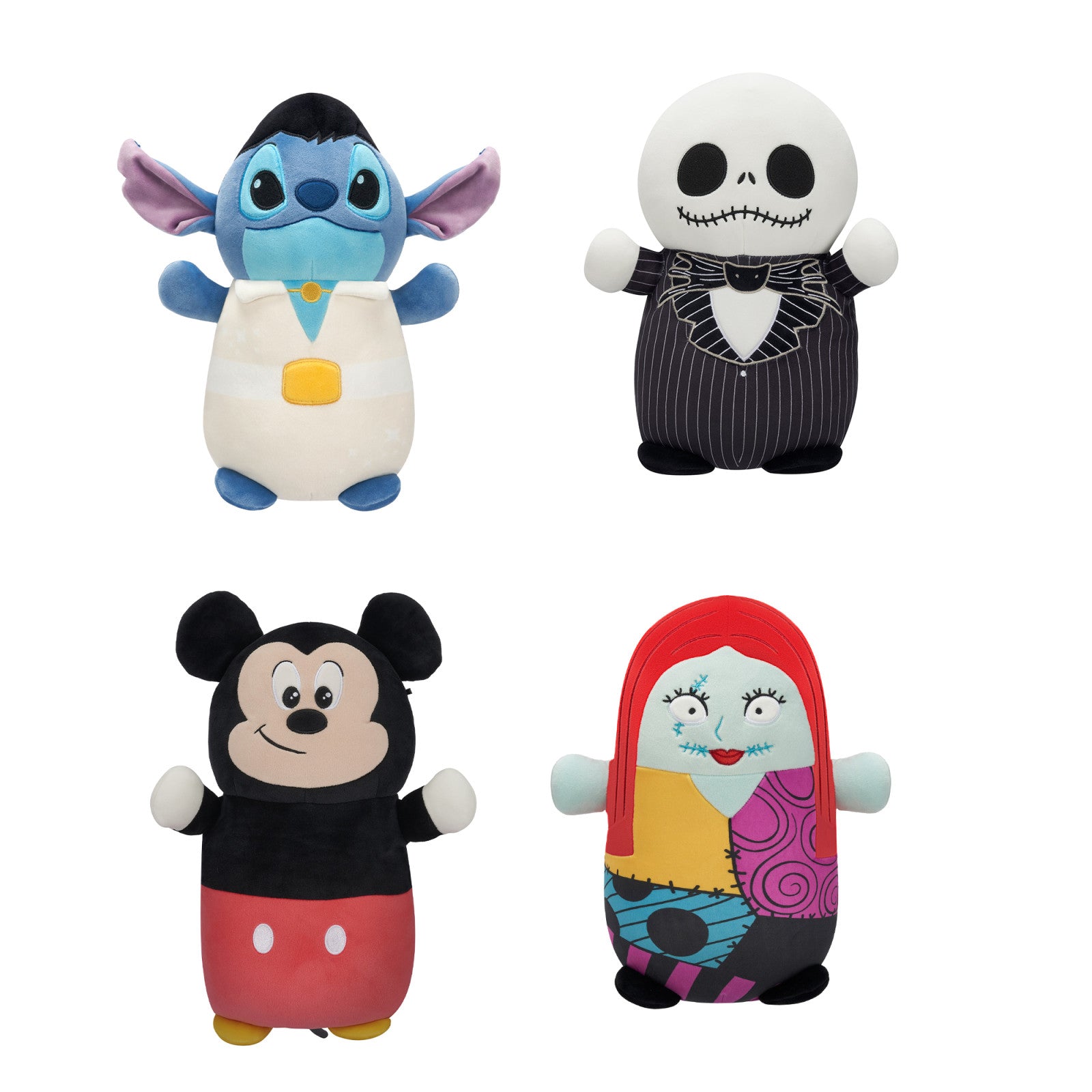 Four Squishmallows HugMees Disney plush toys in a grid: Stitch, Jack Skellington, Mickey Mouse, and Sally