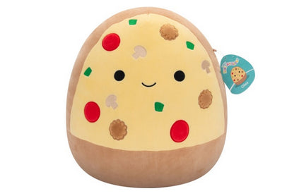 Smiling pizza Squishmallow plush with red, green, and brown embroidered toppings