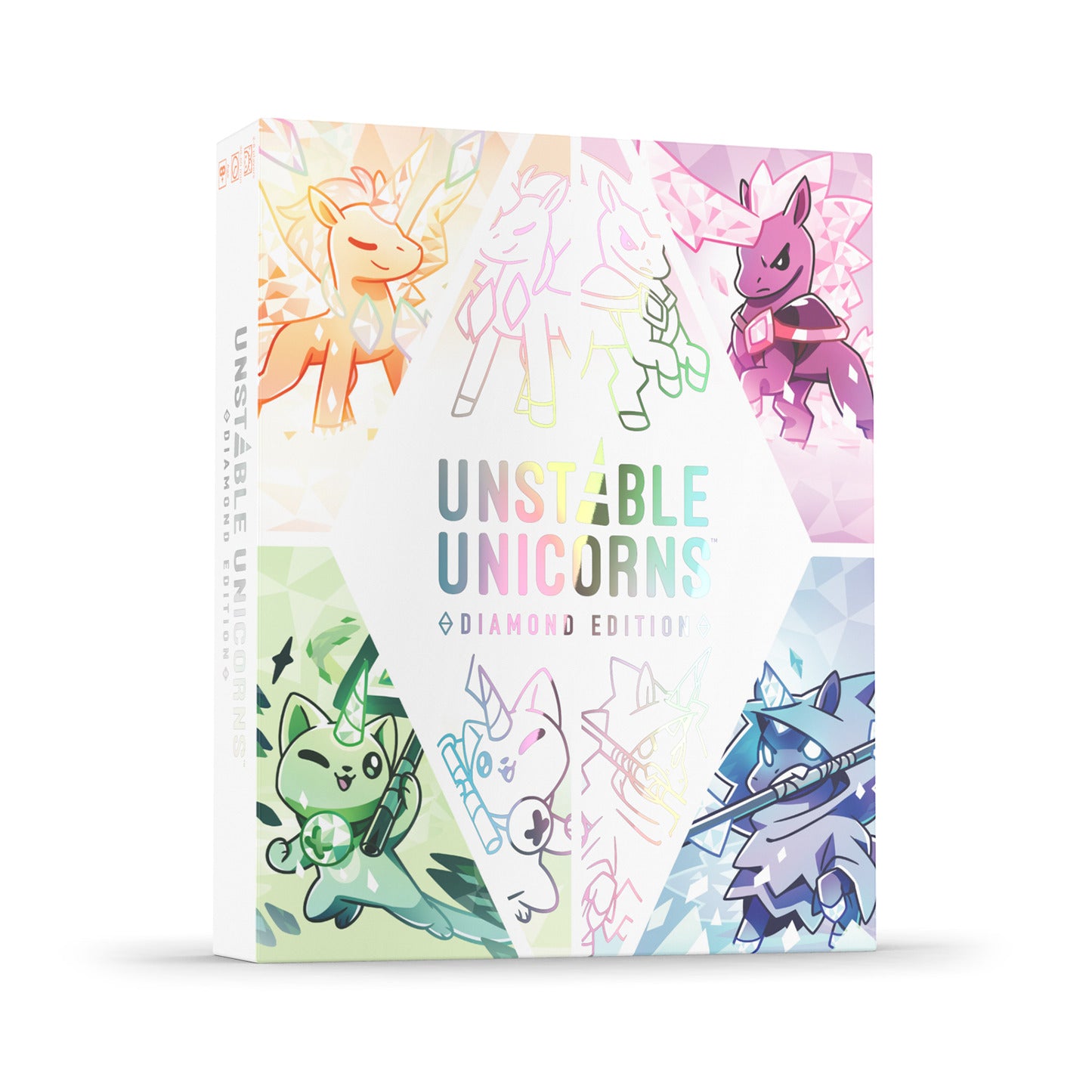 Unstable Unicorns Diamond Edition white box showcasing four stylized unicorn and cat-hybrid creatures surrounded by colorful crystalline patterns