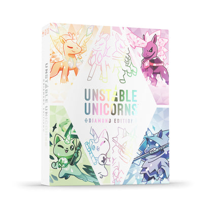 Unstable Unicorns Diamond Edition white box showcasing four stylized unicorn and cat-hybrid creatures surrounded by colorful crystalline patterns