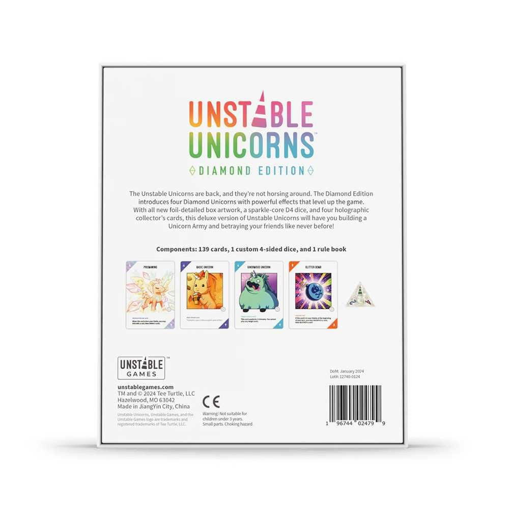 The back of the Unstable Unicorns Diamond Edition game box displays the colorful title, a component list of 139 cards and a custom four-sided die, plus four sample card illustrations