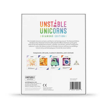 The back of the Unstable Unicorns Diamond Edition game box displays the colorful title, a component list of 139 cards and a custom four-sided die, plus four sample card illustrations