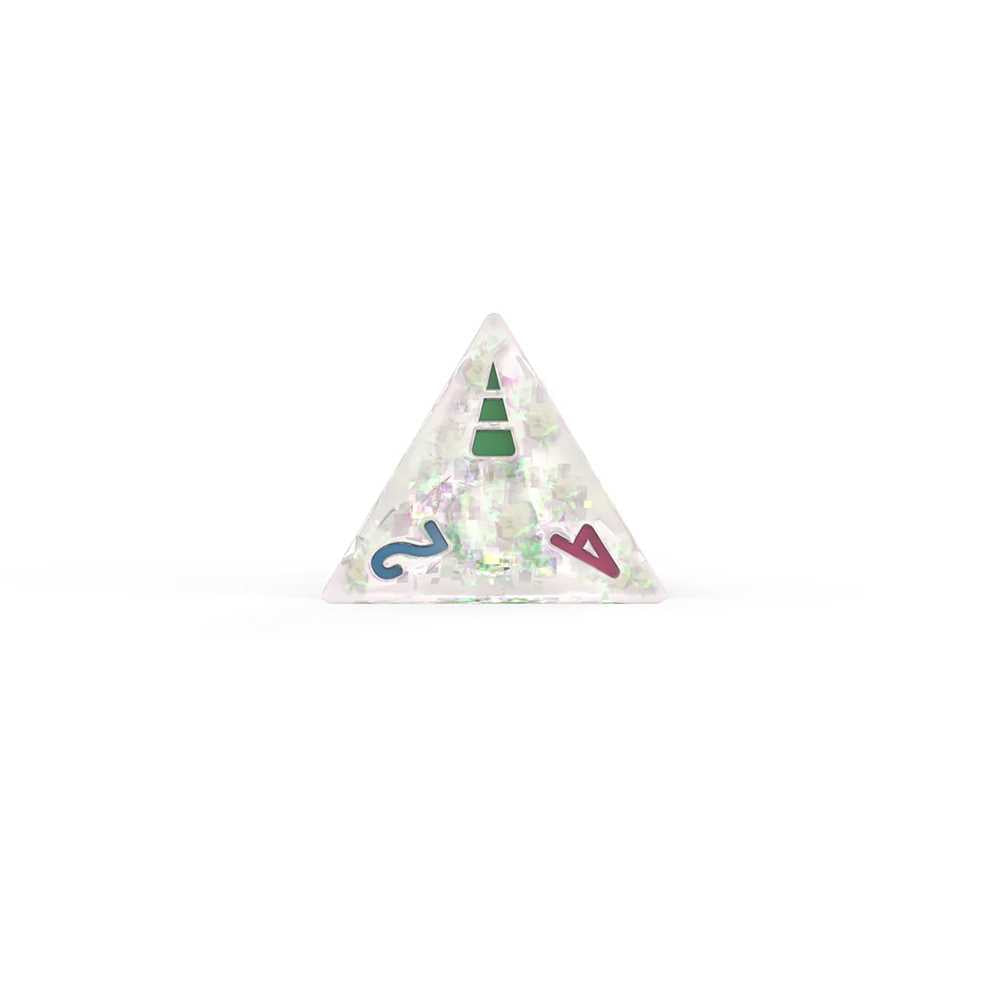 This iridescent diamond-style D4 die features internal glitter, a prominent green unicorn horn symbol, and colorful numbers two and four