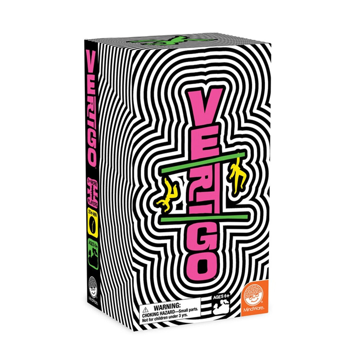 Vertigo game box with a black and white wavy line pattern, featuring the pink title Vertigo and yellow stick figures on a green bar