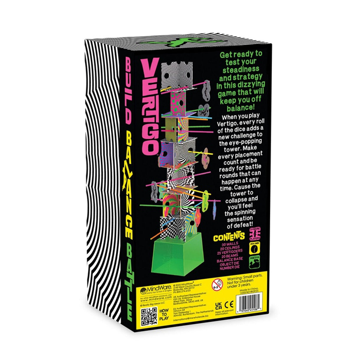 The Vertigo game box displays a tall, colorful, unstable tower of blocks with geometric patterns and thin beams on a black background