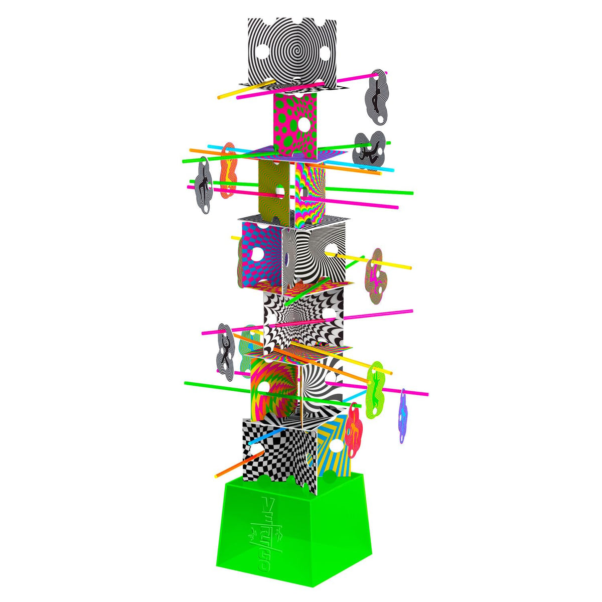 A tall abstract &quot;Vertigo&quot; sculpture on a green base, formed by stacked blocks with swirling, checkered, and patterned optical illusions, featuring colorful rods and hanging shapes