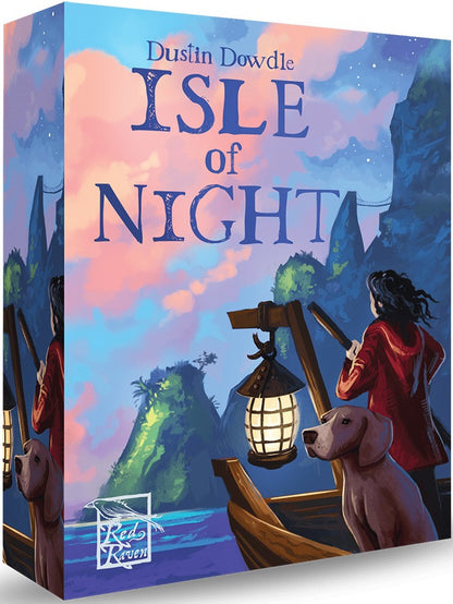 A close-up photo of the Isle of Night board game box standing upright with vivid artwork showing a mysterious island and moonlit sea