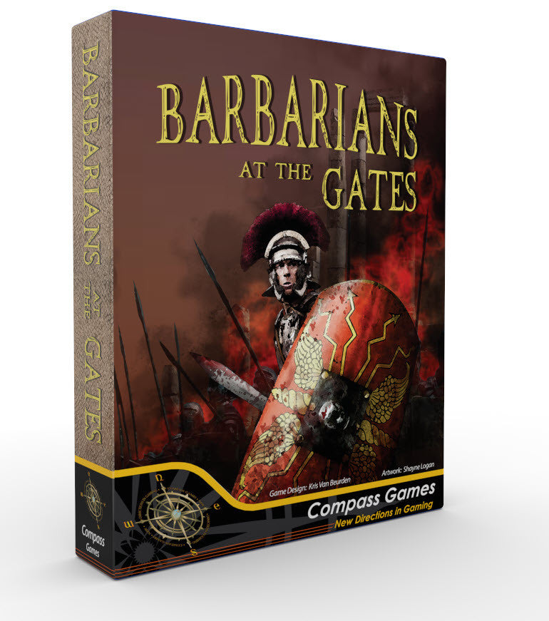 A Barbarians at the Gates game box featuring a Roman soldier holding a spear and a decorated red shield amidst a fiery battle scene