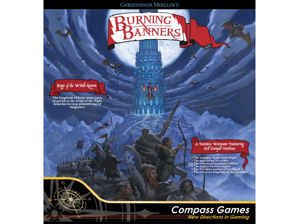 A fantasy wargame cover for Burning Banners depicts a moonlit tower, flying bats, and an army of warriors and creatures below mountains