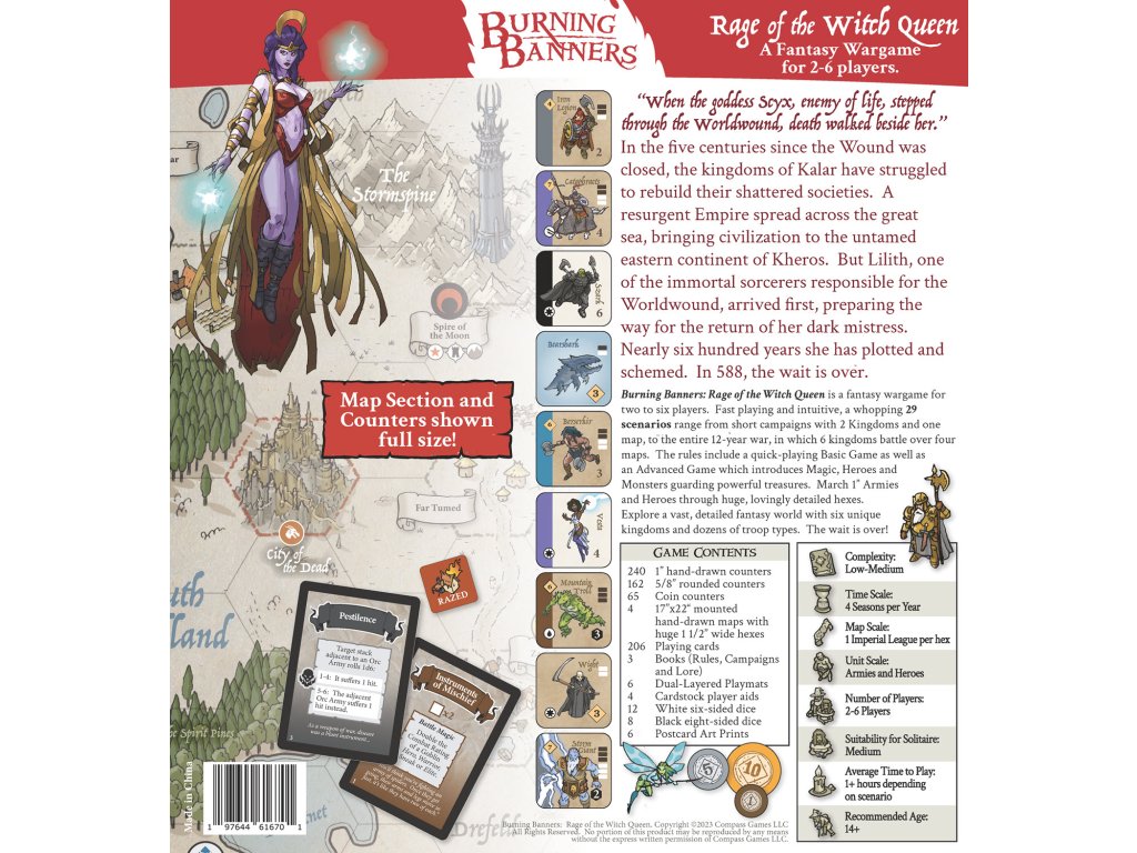 A fantasy board game box for Burning Banners Rage of the Witch Queen showing a witch character, a game map, and various game components and text