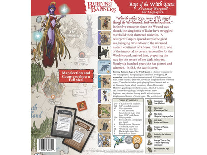 A fantasy board game box for Burning Banners Rage of the Witch Queen showing a witch character, a game map, and various game components and text