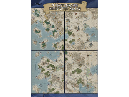 Four detailed hand-drawn fantasy maps for Burning Banners Rage of the Witch Queen display landmasses, forests, and seas with various settlements