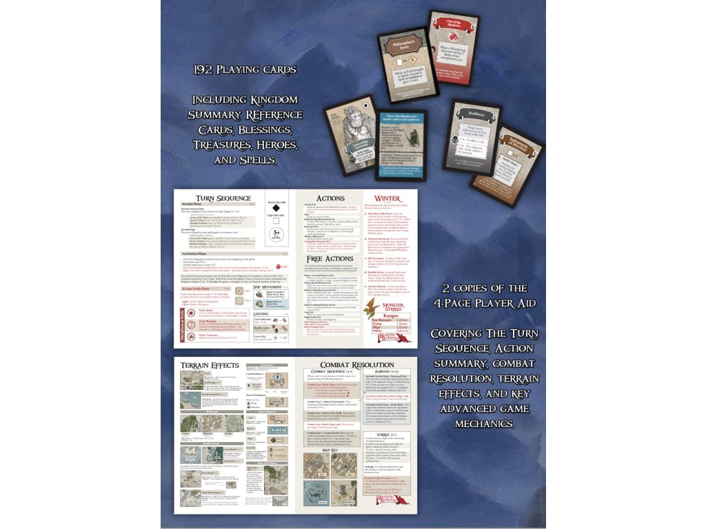 Burning Banners Rage of the Witch Queen components include 192 playing cards with various summaries and two detailed player aids displaying turn sequence, actions, combat, and terrain effects