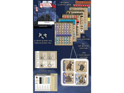 Burning Banners Rage of the Witch Queen board game components including rule and campaign books, dice, multiple counter sheets, display mats, and game cards with illustrations