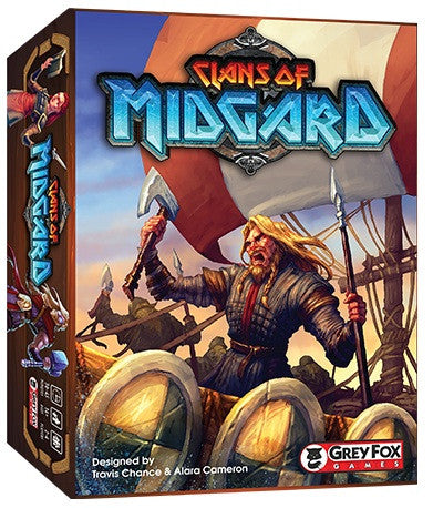 Clans of Midgard board game box featuring a Viking warrior on a ship with shields and logo