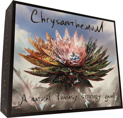 Display of game pieces including cards, tokens, and the game board arranged neatly