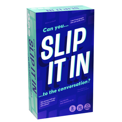 "Can You Slip It In" adult party game box. Dark blue packaging with white and cyan text