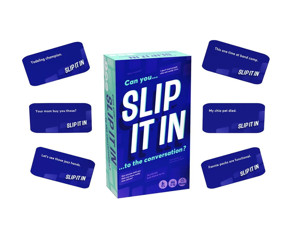 The "Slip It In" adult party game box with several sample blue cards displayed