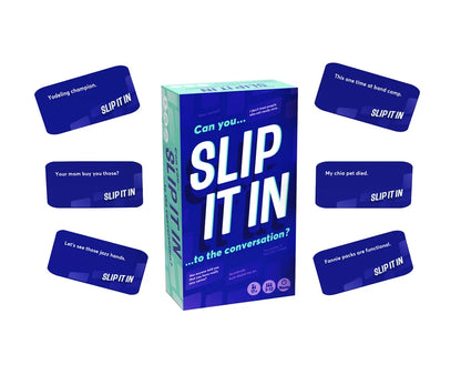 The "Slip It In" adult party game box with several sample blue cards displayed