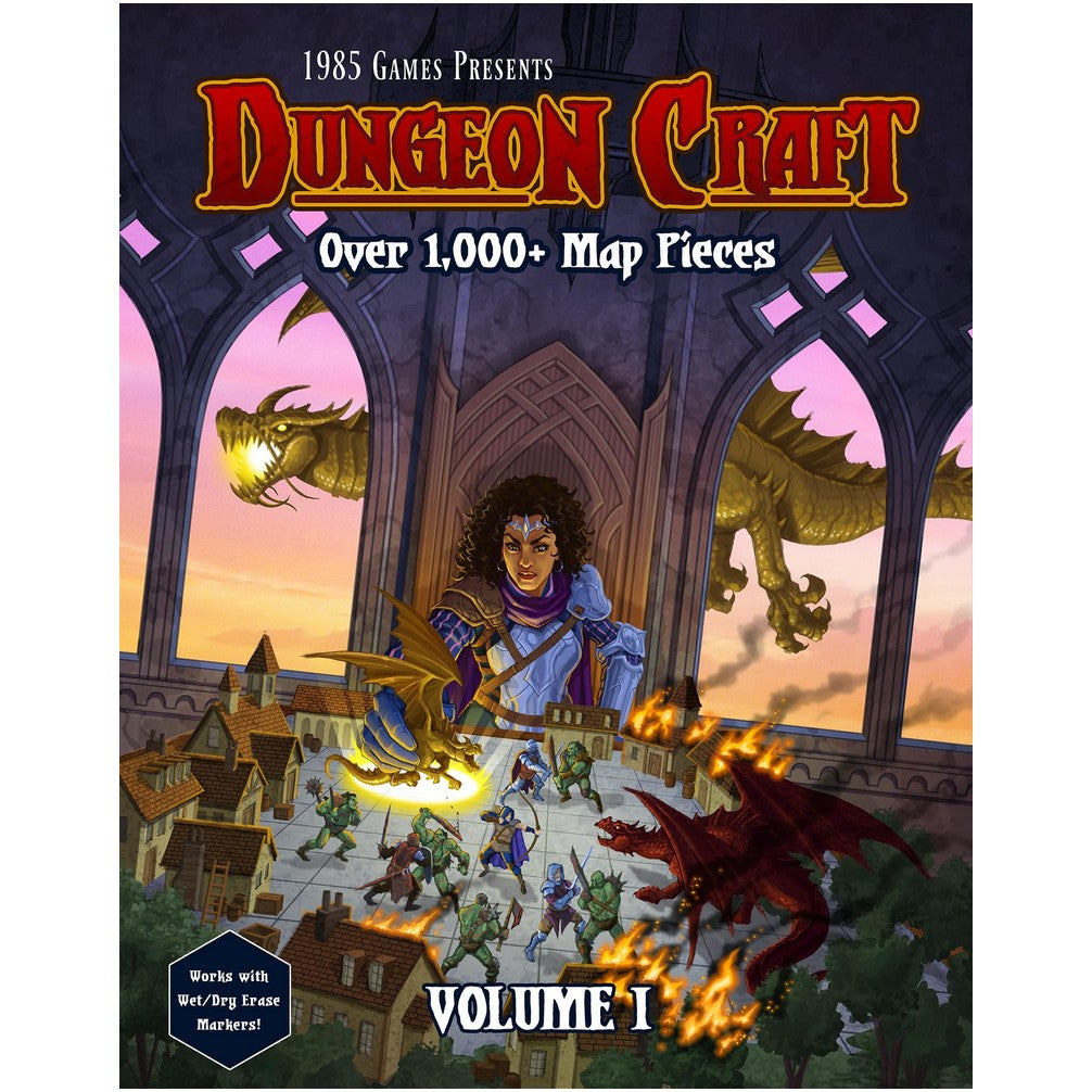Dungeon Craft cover: A female warrior watches miniature heroes fight orcs in a burning town. Two dragons appear