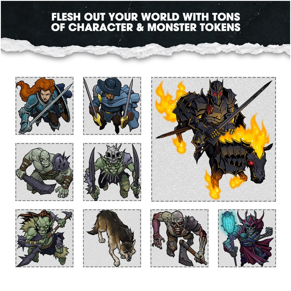 A collection of fantasy character and monster tokens, featuring a large armored knight on a flaming horse, warriors, and various creatures
