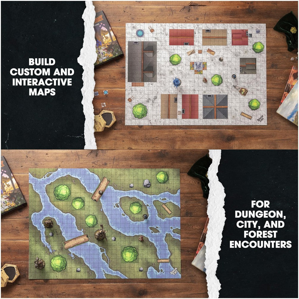 Two grid-based tabletop RPG maps for building custom encounters: a city scene with buildings and a forest with rivers